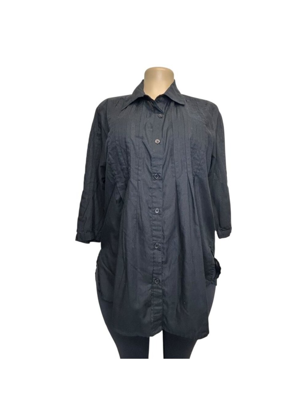 DG-102 Kommotion NY Petite Black Tunic-Length Button-Up Shirt Pintuck Details